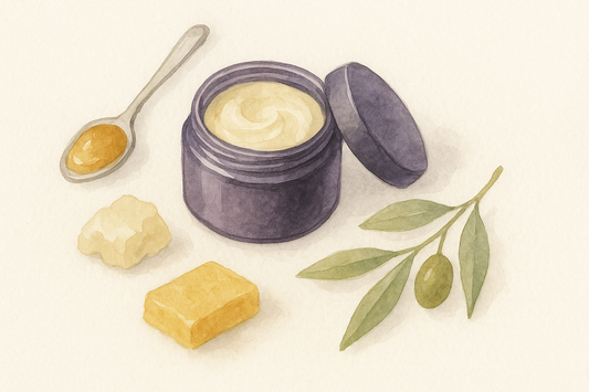 Illustration of a natural balm made with grass-fed tallow and Manuka honey—shown with real moisturizing ingredients for deep hydration and skin barrier repair.