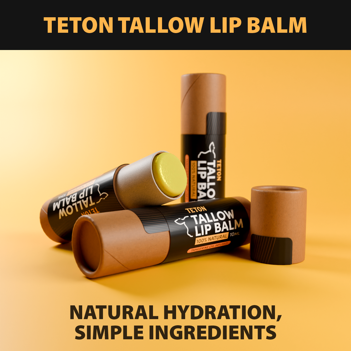 Teton Tallow Lip Balm – Grass-Fed Tallow with Jojoba, Beeswax, Vitamin E & Tangerine – Hydrating Lip Balm 3 Pack (10ml Kraft Tubes)