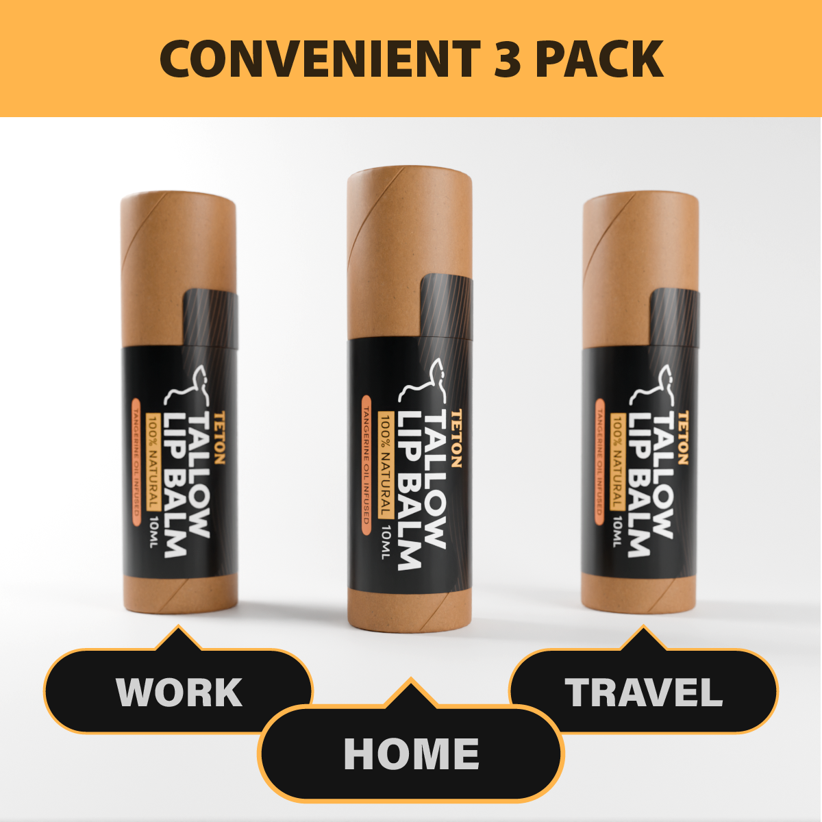 Teton Tallow Lip Balm – Grass-Fed Tallow with Jojoba, Beeswax, Vitamin E & Tangerine – Hydrating Lip Balm 3 Pack (10ml Kraft Tubes)