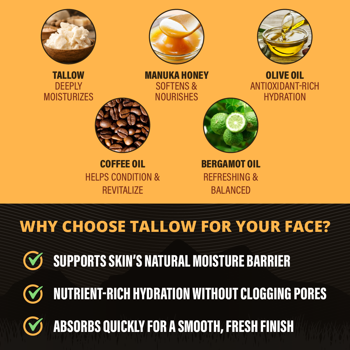 Tallow Balm Day Face Cream with Bergamot & Coffee Bean Oil to Rejuvenate Your Skin With Caffeine (50ml)