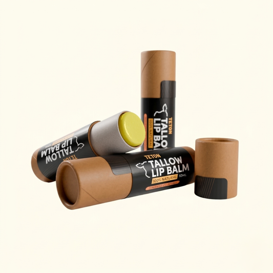 Teton Tallow Lip Balm – 3 Tubes - Grass-Fed Tallow with Jojoba, Beeswax, Vitamin E & Tangerine – Hydrating Lip Balm 3 Pack (10ml Kraft Tubes)